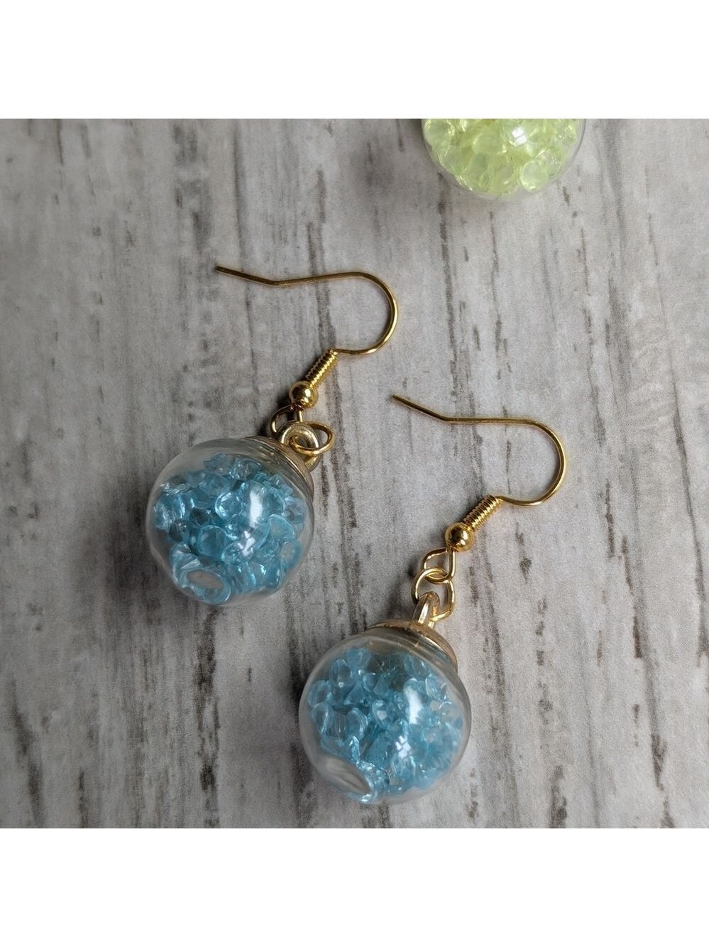 Fun Ball Shaped Gold and Blue Dangle Earrings